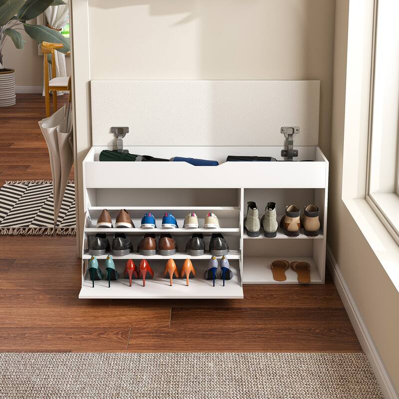 Entryway Bench with Shoe Storage,Adjustable 3-Tier Flip-Up Drawers & Hidden Cabinet,Space-Saving Shoe Organizer,Triple Storage