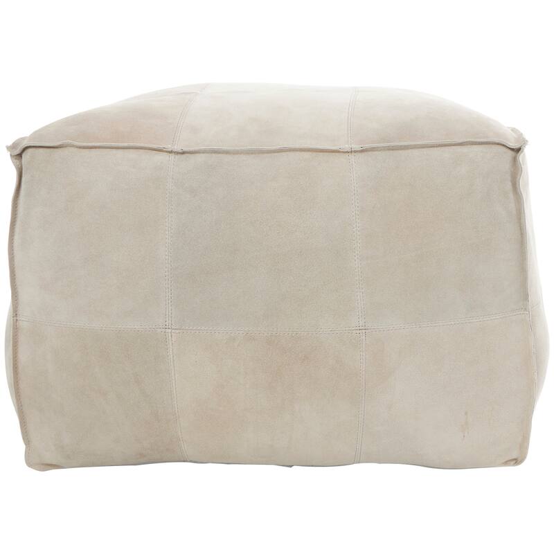 Gray Leather Low Profile Square Pouf with Patchwork Design