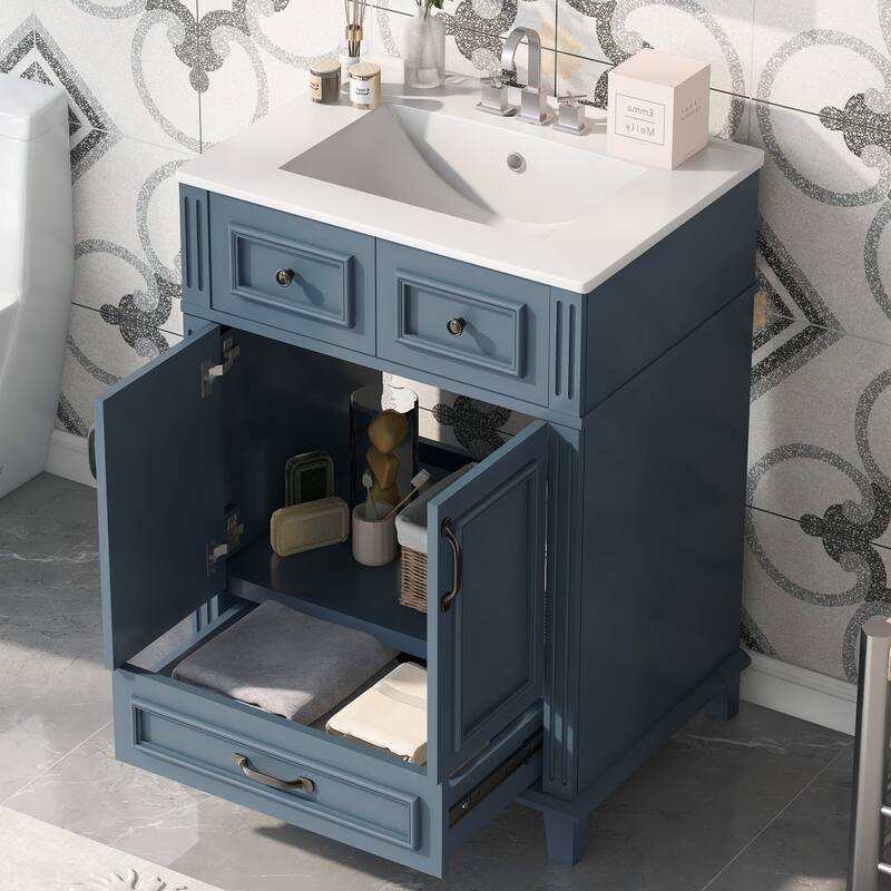 24" Bathroom Vanity with Ceramic Sink,Solid Wood Frame Bathroom Storage Cabinet with Soft Closing Doors,Retro Style