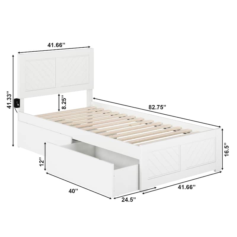 Twin XL Platform Bed with Storage & Footboard - Modern Bedroom Furniture Set - White Finish
