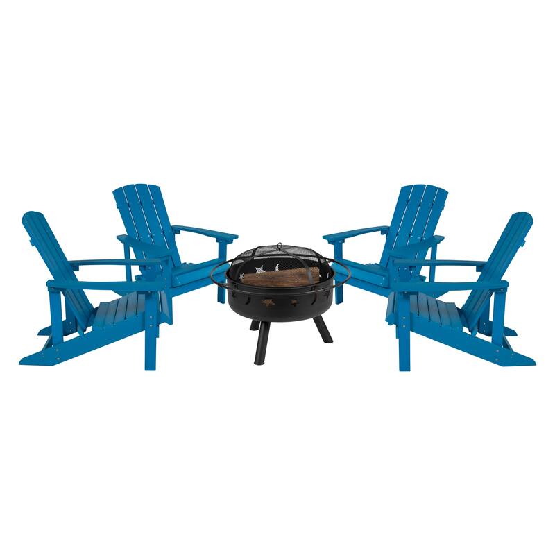 Star and Moon Fire Pit with Mesh Cover & 4 Poly Resin Adirondack Chairs