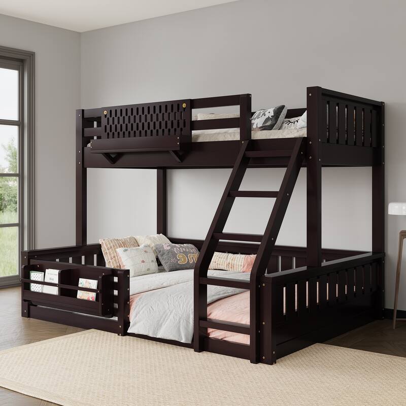 Wooden Bunk Bed of 3 Kinds Size with Pegboard, Bookshelf and Guardrails, Detachable Bunk Bed Convertible 2 Platform Beds