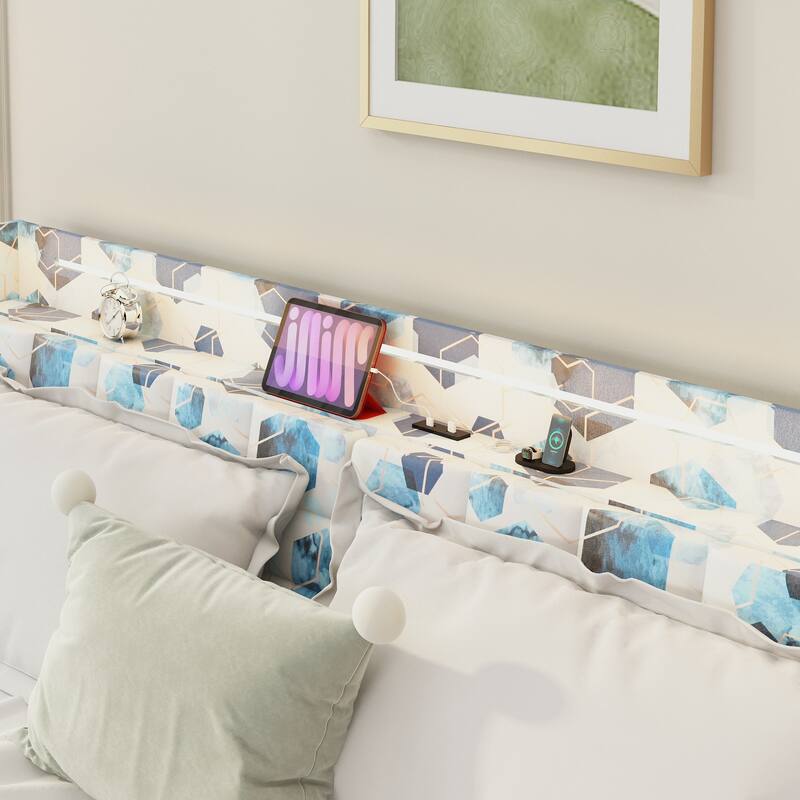 King Size Floating Bed Frame with LED Lighting, USB Ports, & Storage Headboard, No Box Spring Needed