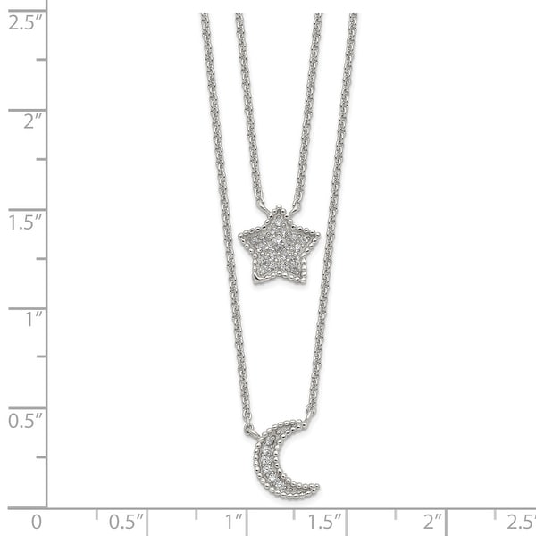 Sterling Silver Polished Cubic Zirconia Moon and Star Double Strand Necklace by Versil