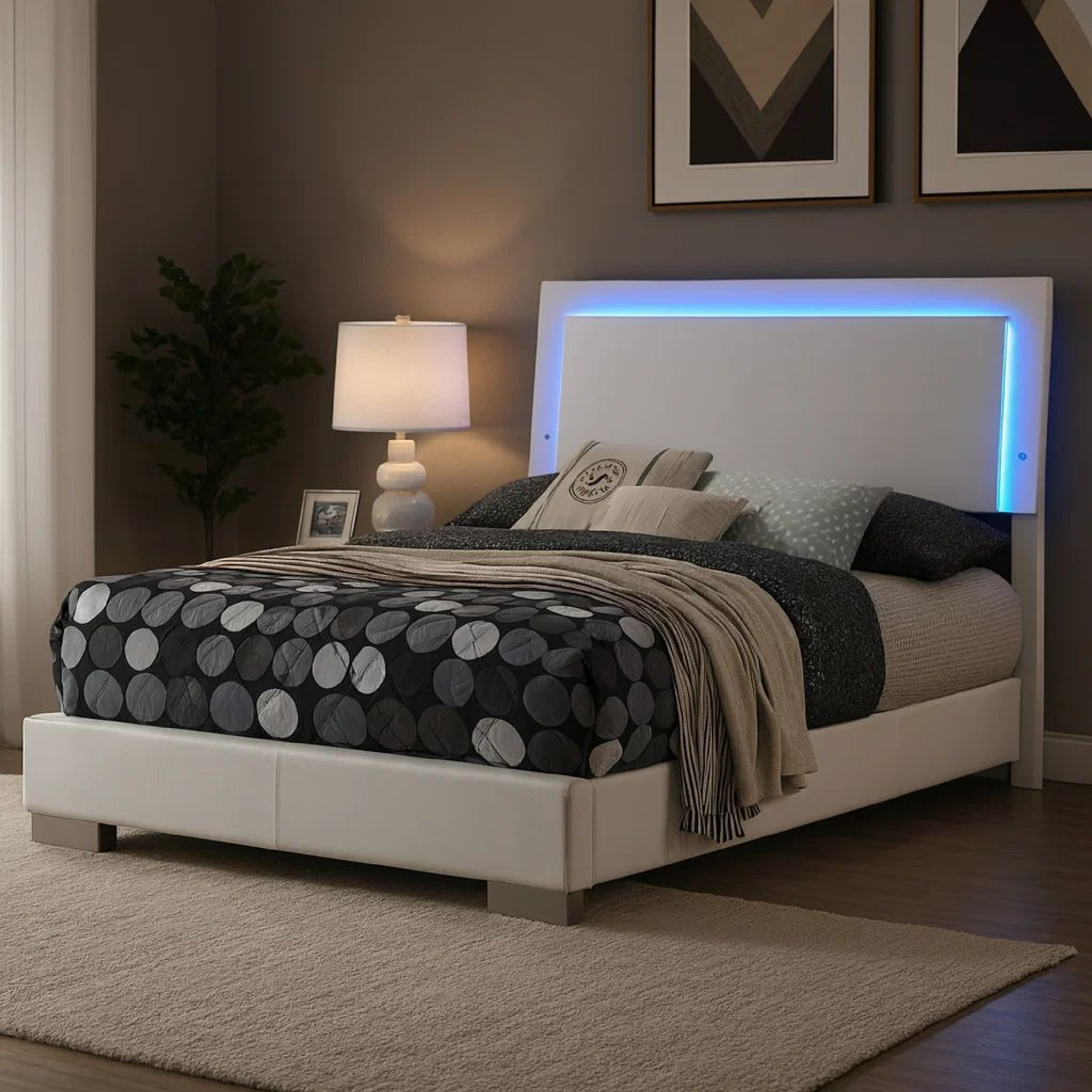 Sok Full Panel Bed with LED Headboard, Low Profile Footboard, Glossy White