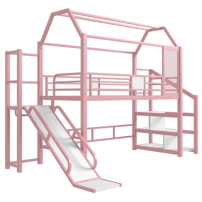Fun Play House-shaped Loft Bed Metal Bed Frame with Grid and Shelves