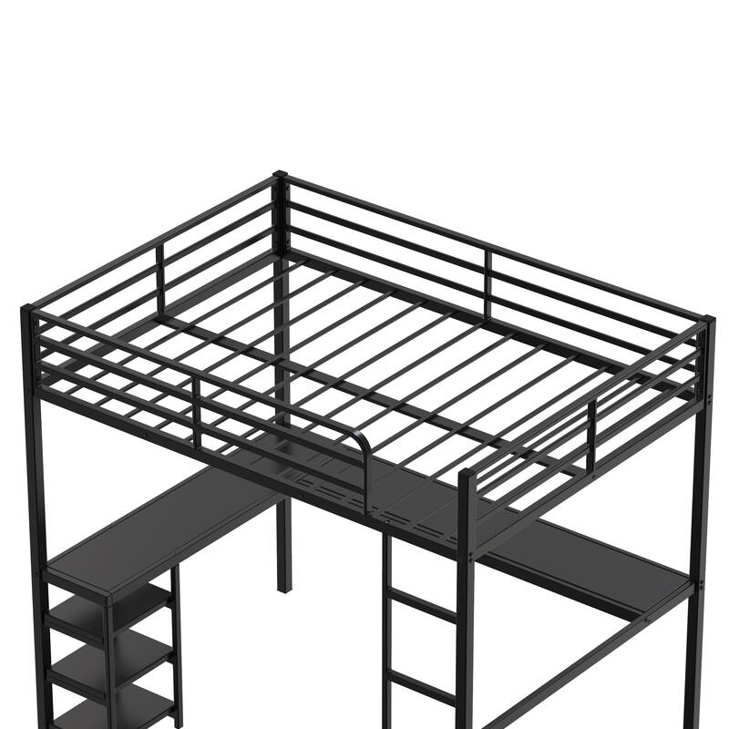 Full Size Loft Bed with L-Shaped Desk, Open Shelves, and Safety Guardrails, Heavy Duty Metal Frame, Black