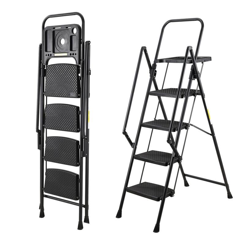Anmytek 4 Step Folding Step Ladder Heavy Duty Steel Frame with Tool Tray Triangular Stable Core 330 lbs Capacity for Home,Office - Black