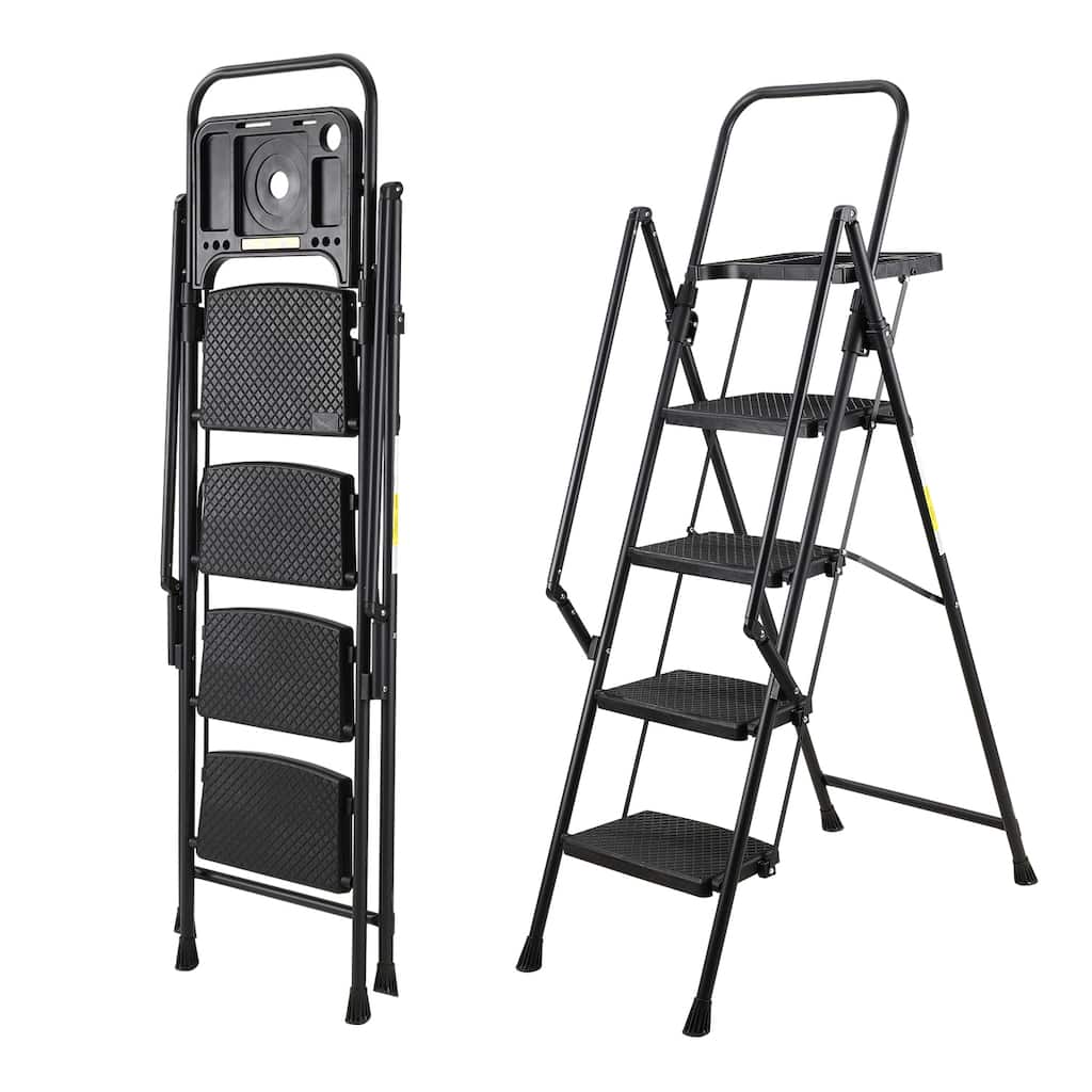 Anmytek 4 Step Folding Step Ladder Heavy Duty Steel Frame with Tool Tray Triangular Stable Core 330 lbs Capacity for Home,Office