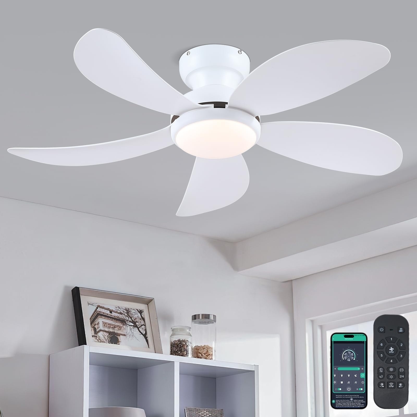 Kviflon 42" Low Profile Modern Ceiling Fan with Light 5 ABS Blades Remote and APP Control