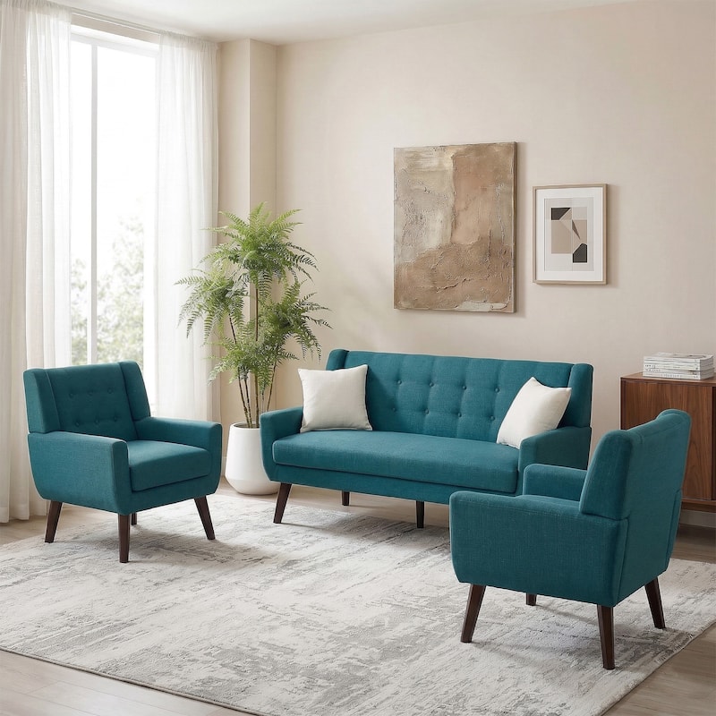 3-Piece Mid-Century Modern Living Room Set with Loveseat and 2 Chairs - Light Blue