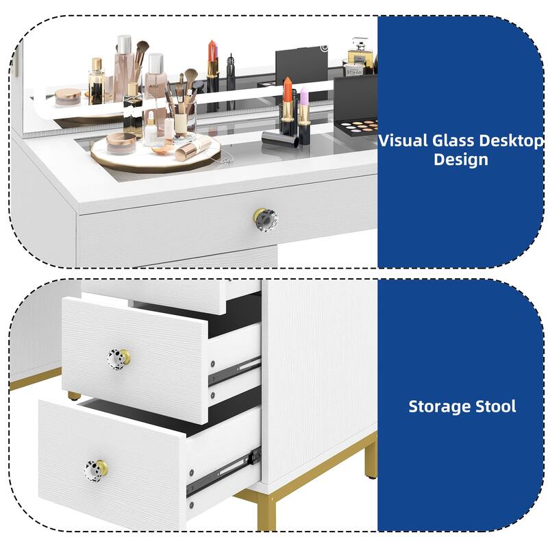 Moasis 45.5" Modern Vanity Table, 8 Drawers, Lights, Mirror, Power Outlet