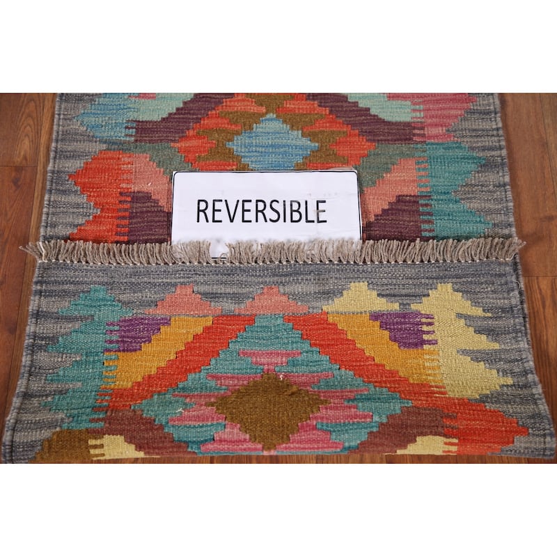Reversible Kilim Oriental Runner Rug Flatweave Wool Carpet - 2'1"x 6'7"