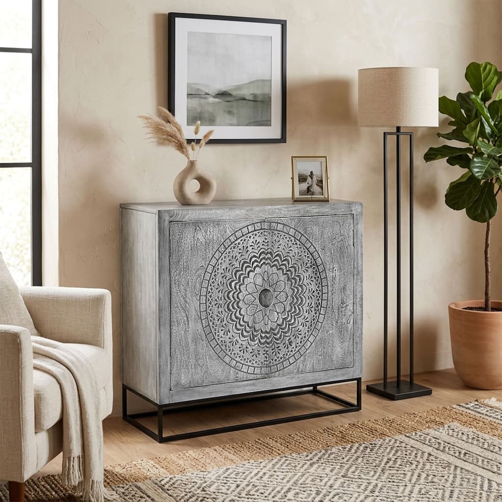 Zera 39 Inch Handcrafted Accent Cabinet with 2 Doors, Medallion Engraved, Sandblasted Gray Mango Wood, Black Iron Framed Stand