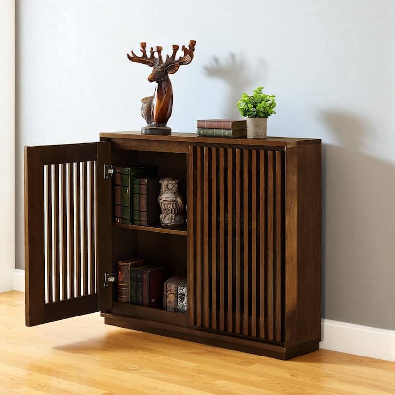 Mid Century Fluted Sideboard Cabinet with Outlet Holes, Solid Wood & MDF Buffet Storage for Entryway Hallway Dining Room.