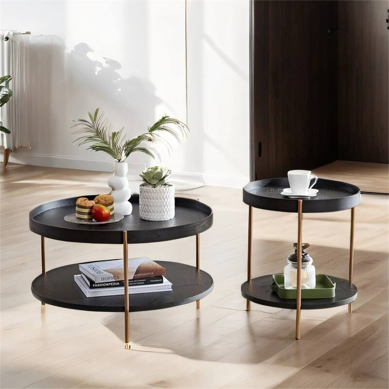 2-Piece Modern 2 tier Round Nesting Coffee Table Set with Metal Legs