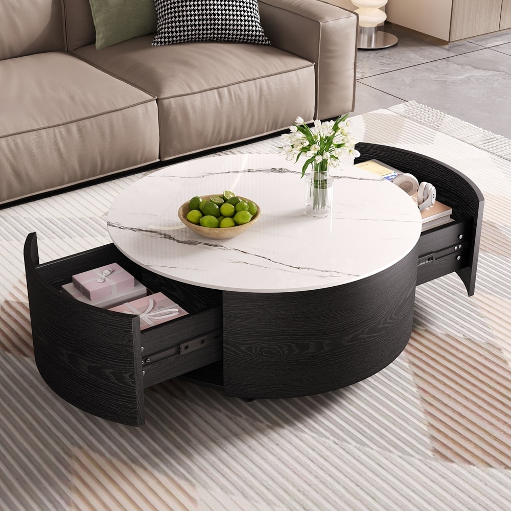 Round Movable Coffee Table with Casters, 2 Drawers, Marble Pattern Sintered Stone Top