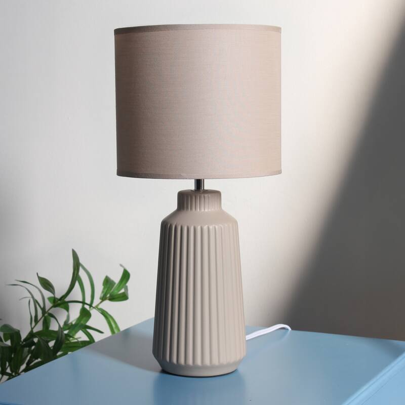 Vertical Grooved Ceramic Table Lamp with Drum Shade - 16" - Taupe