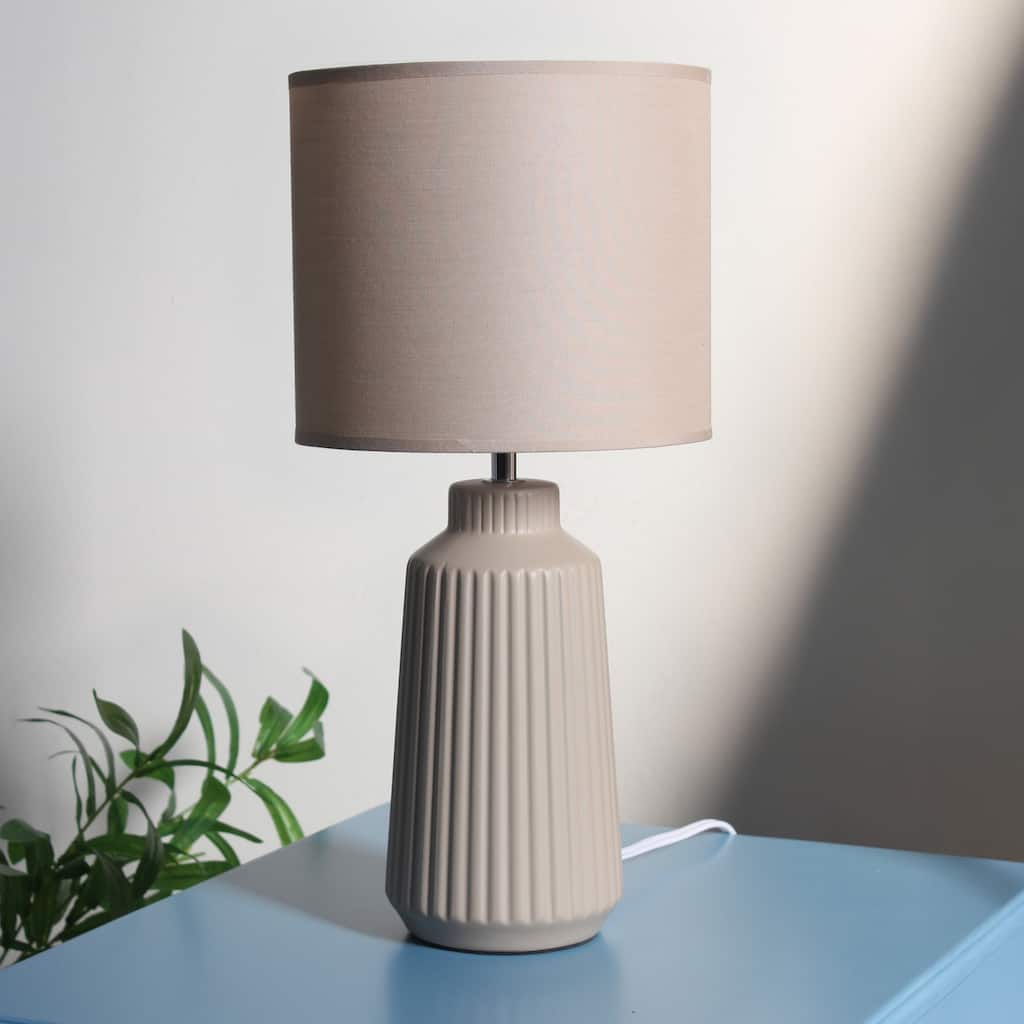 Vertical Grooved Ceramic Table Lamp with Drum Shade - 16" - Taupe
