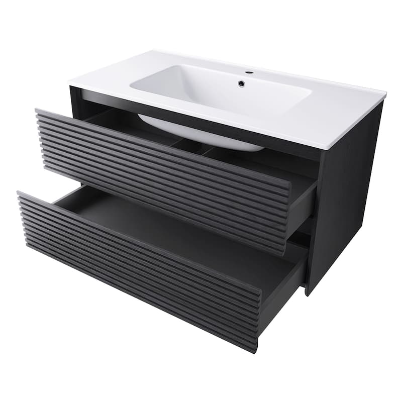 Wall-Mounted Bathroom Vanity with White Ceramic Sink