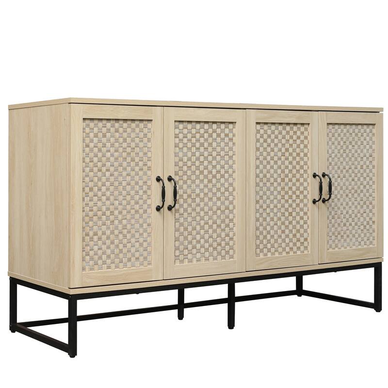 Engineered Rattan Buffet Accent Storage Cabinet 4-Door Sideboard with Adjustable Shelf, Cupboard Console Table Hallway Cabinet
