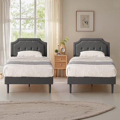 VECELO Upholstered Platform Kids Bed with Adjustable Headboard,Twin Size Bed Set of 2