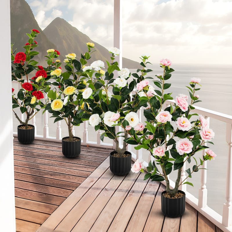 Artificial Pink Camellia Tree 38" with Silk Flowers and Rubberized Leaves in Decorative Pot - Multi