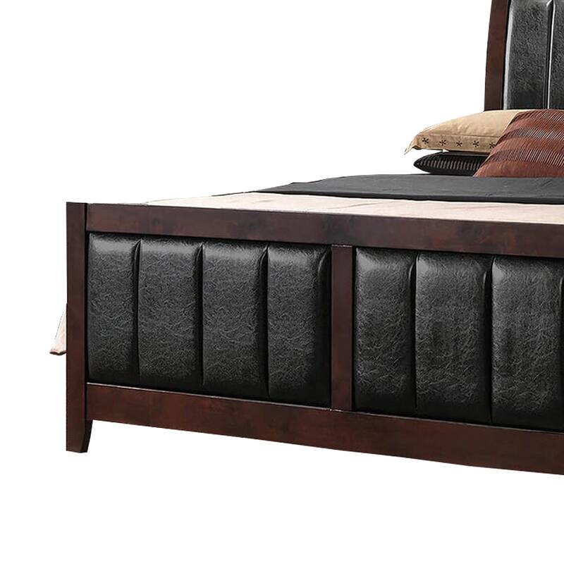 Leatherette Upholstered Wooden Eastern King Bed, Brown and Black