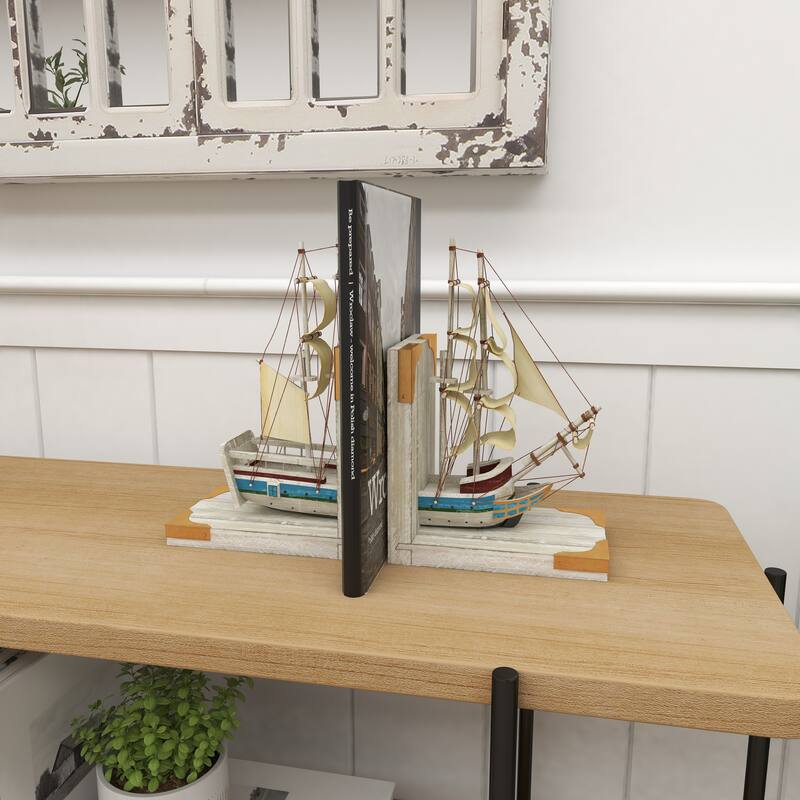 White Wood Sail Boat Decorative Bookends with Real Boat Rigging and Gold Corners (Set of 2)