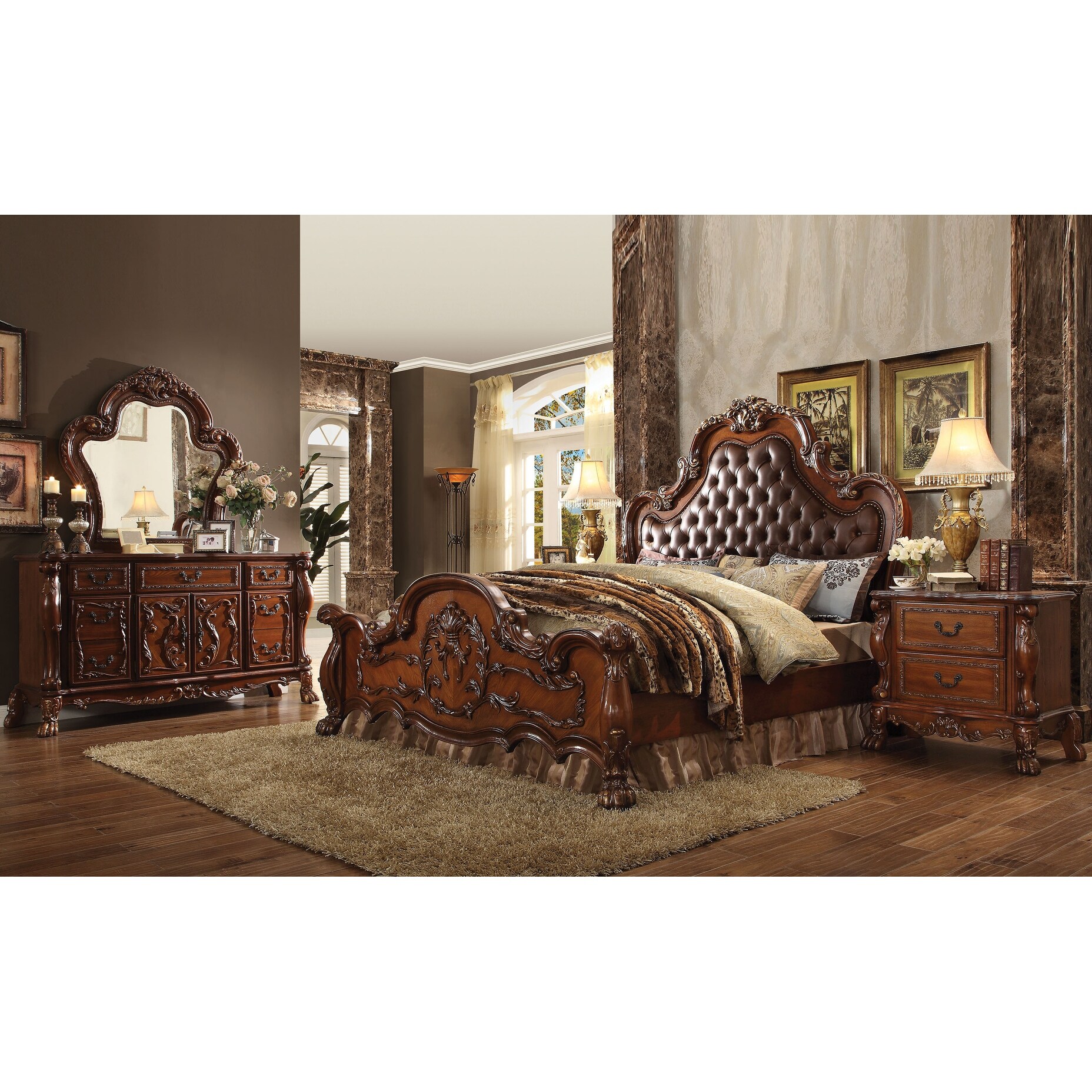ACME Dresden Eastern King Bed, PU & Cherry Oak (1Set/3Ctn) - Bed