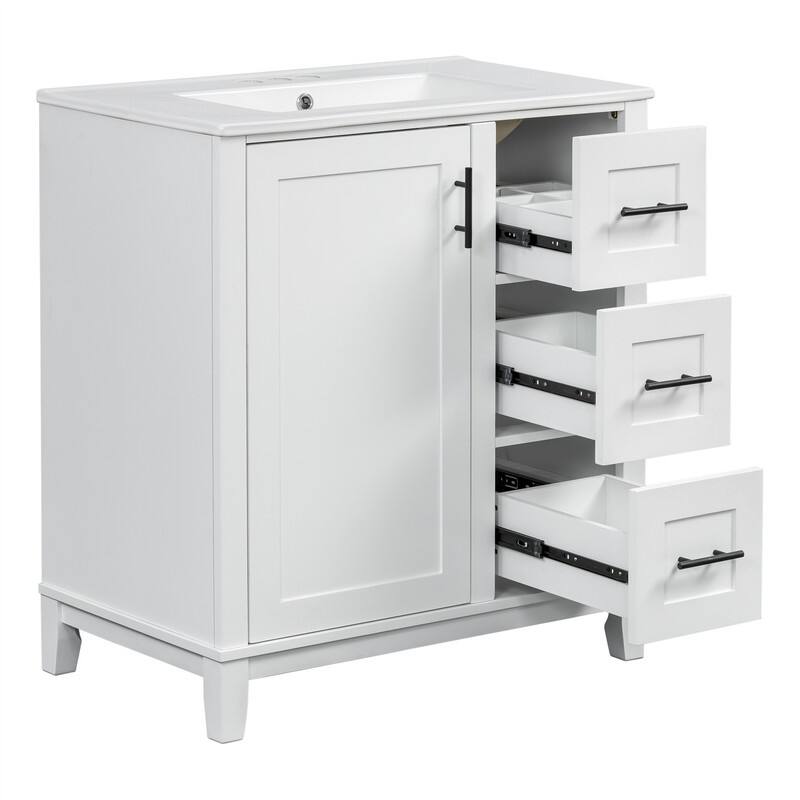 30'' Bathroom Vanity with Ceramic Sink, Freestanding Bathroom Vanity Cabinet with 3 Drawers, 1 Soft Close Door and Storage Rack