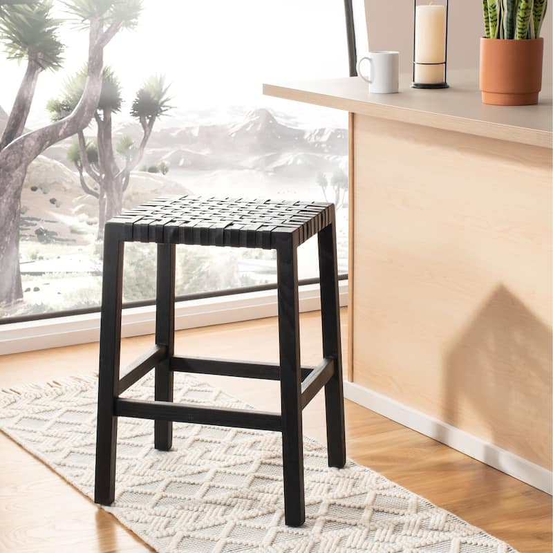 SAFAVIEH Ozgul Woven Lattice Counter Stool - 20" x 17.7" x 27.1" - 20Wx18Dx27H - Black/Black Leather