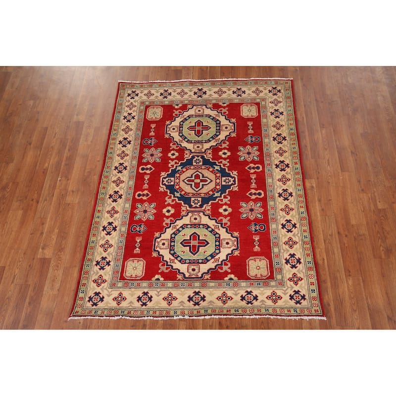 Geometric Kazak Oriental Rug Handmade Wool Carpet - 4'3" x 5'6"