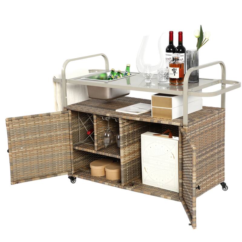 Outdoor Wicker Bar Cart with Steel Top, Ice Bucket,Lockable Wheels