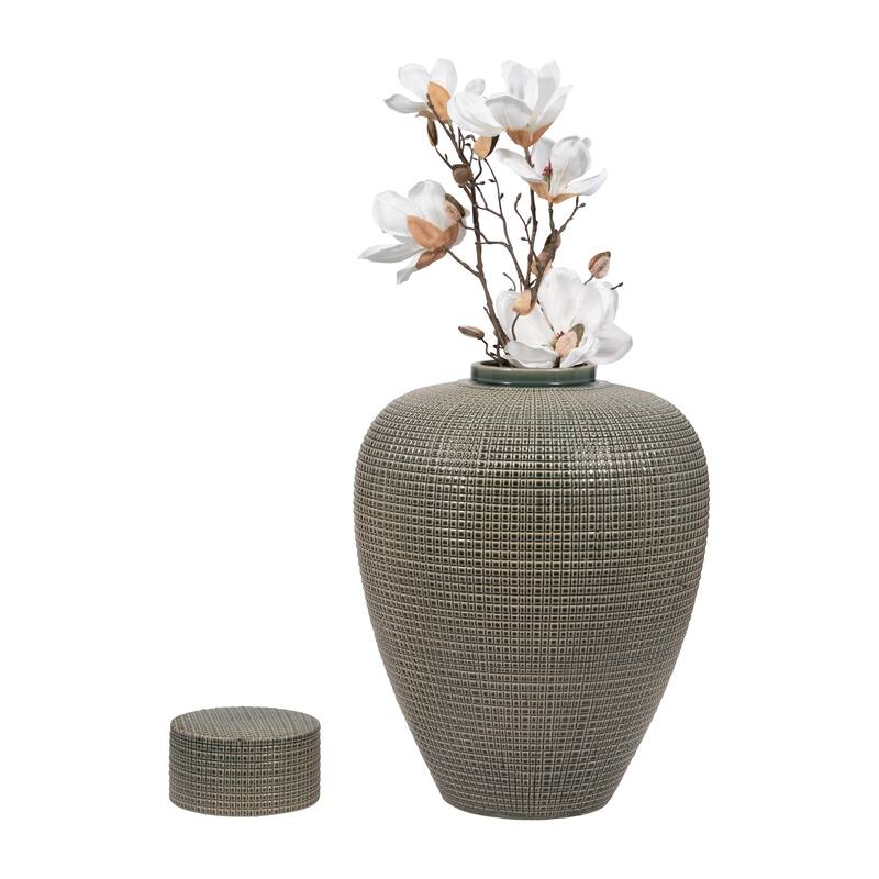 Sagebrook Home Dempsey Green Lidded Jar - Stoneware, Green, Checkered, Bud, Elegant Color, Perfect Accent Piece