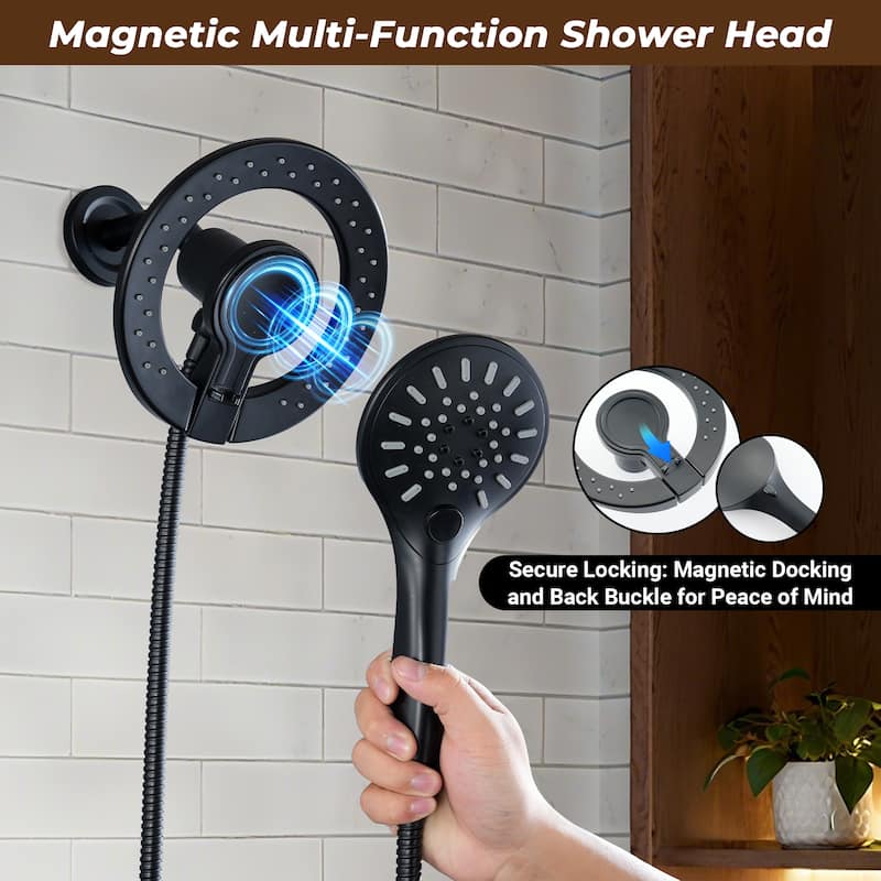 Magnetic 2-in-1 Shower System - 4-Spray 7.5 in. Wall Mount Dual Fixed and Handheld Shower Head in Matte Black