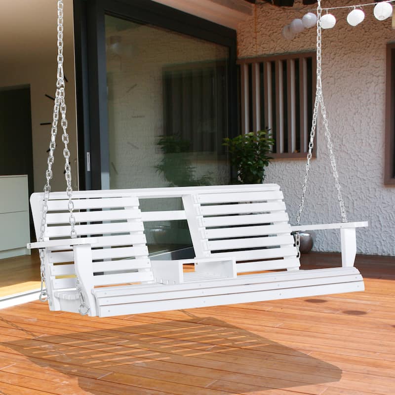 Outsunny 3-Seater Wooden Porch Swing Bench with Folding Coffee Table, Durable PU Coating, Chains Included - 59" x 29.5" x 20.75" - White