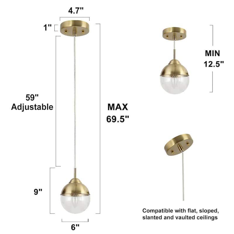 Modern Gold 1-Light Glass Globe Pendant Lights Kitchen Island Lights for Dining Room - 6" D x 9" H