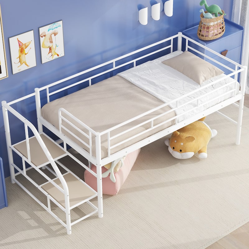 Twin Size MDF Metal Mid Loft Bed with Storage stairs and Fence for Kids, Boys and Girls, Bedroom