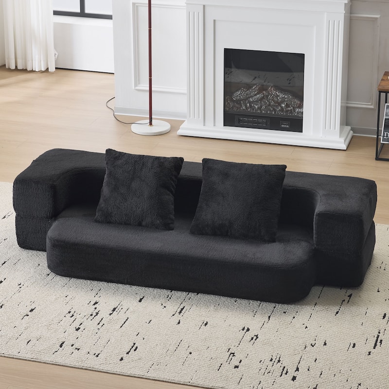 Transformable Sectional Sofa with 3 Ottomans - Fold-Out Bed, Compact Chenille Lounger in Black Faux Fur for Small Spaces