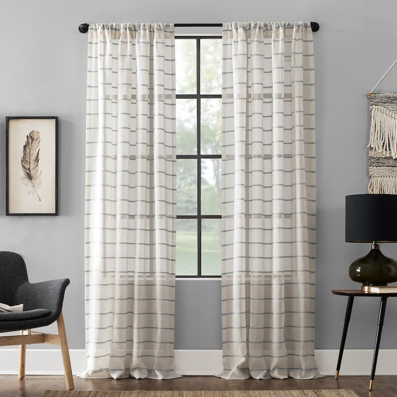 Clean Window Twill Stripe Anti-Dust Linen Blend Sheer Curtain Panel, Single Panel - dusty blue/linen - 52 x 95