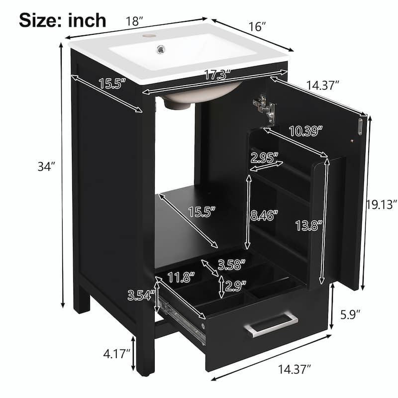 Modern Bathroom Vanity with Ceramic Sink - Soft-Close Drawers, Door Organizer, Divider Drawer