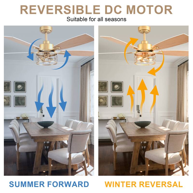 Bella Depot 52" Modern Gold Ceiling Fan with Light and Remote 6-Speed Large Caged Ceiling Fan