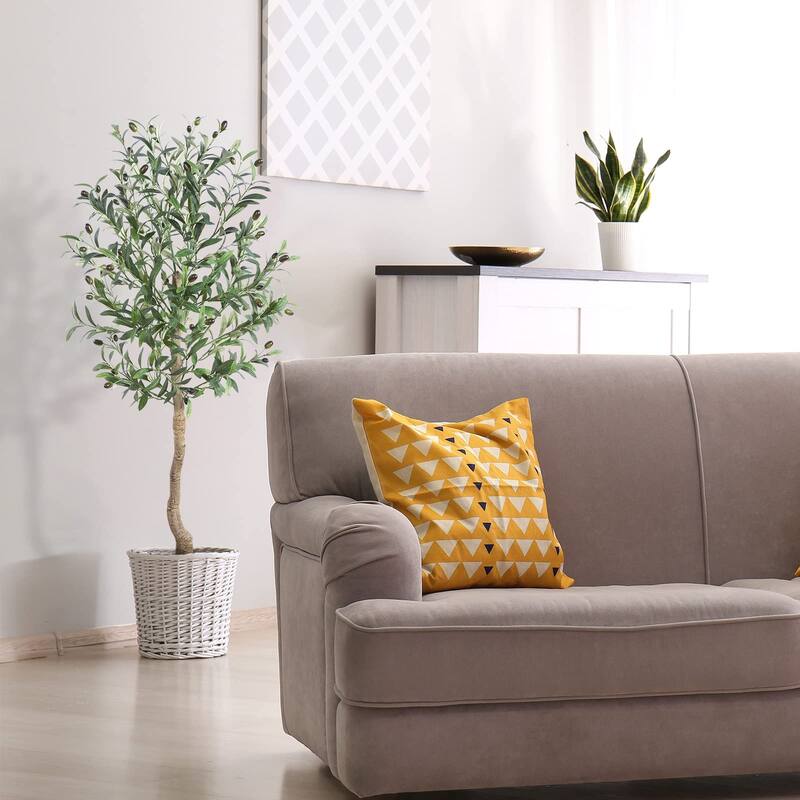 Artificial Olive Tree 4ft Tall Fake Plant with Handmade Woven Basket Planter, Artificial Floor