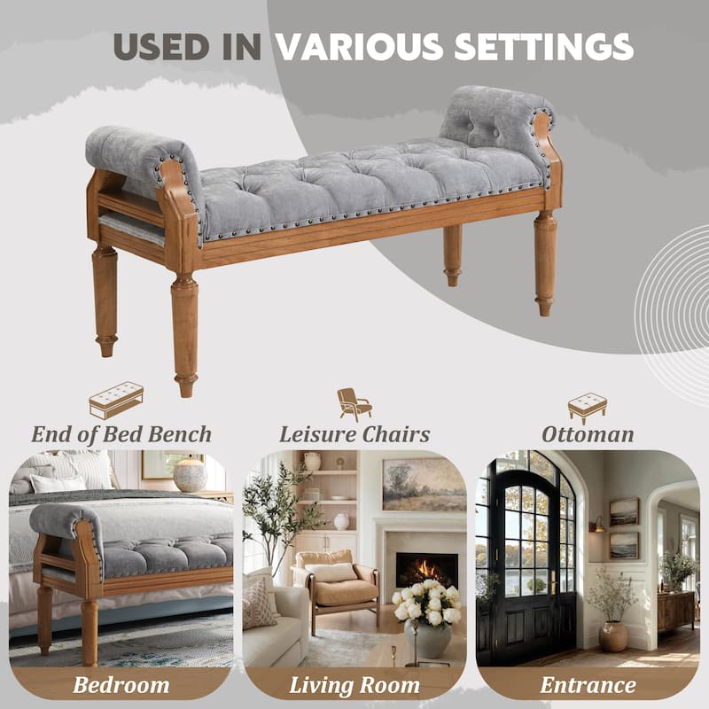 Christopher Knight Home - Mid-Century Solid Rubberwood Upholstered Bench with Rolled Arms, Button-Tufted Cushion & Nailhead Trim