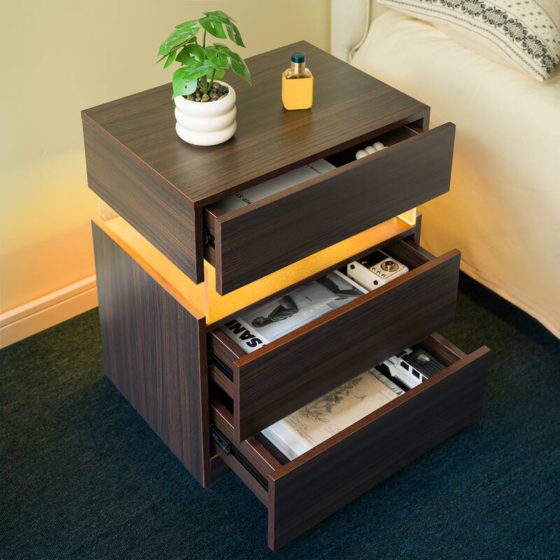 LED Nightstands 3 Drawer Dresser for Bedroom End Table with Acrylic Board LED Bedside Tables