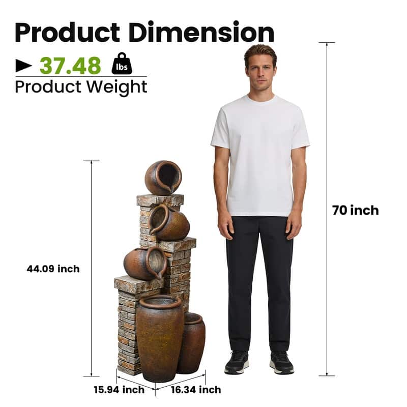 44.09" Glazed Terracotta Pots Polyresin Cascade Water Fountain Weather Resistant