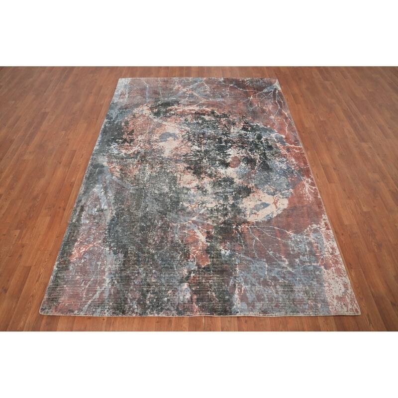 Hand Knotted Oriental Viscose Silk Carpet Modern Abstract Oranges & Rust Abstract Area Rug - 7' 10'' X 5' 6''