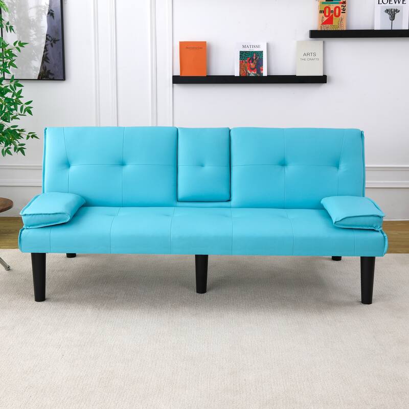 Convertible Loveseat Couch Adjustable Faux Leather Sleeper Sofa Bed with Coffee Table, Cup Holders and Removable Pillow Armrests
