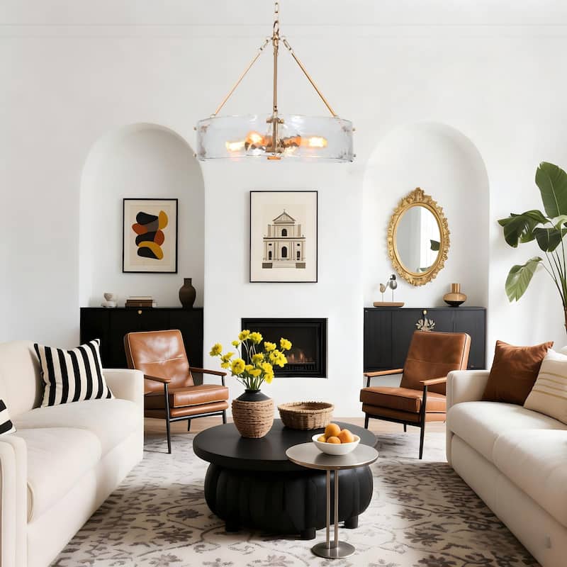 Modern 4-Light Gold Drum Chandelier Textured Glass Pendant Kitchen Island Lights for Dining Room - 19.5" D x 19" H